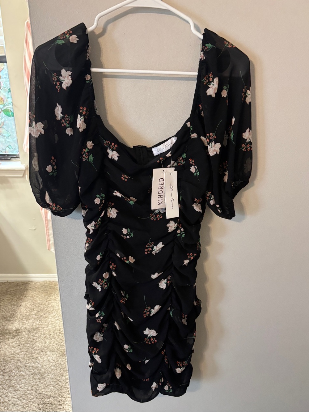 Black Floral Ruched Mini Dress